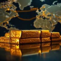 Gold bullion bars stacked with a blurred shipping lane background, representing safe-haven demand amid Hormuz tensions.