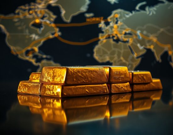 Gold bullion bars stacked with a blurred shipping lane background, representing safe-haven demand amid Hormuz tensions.