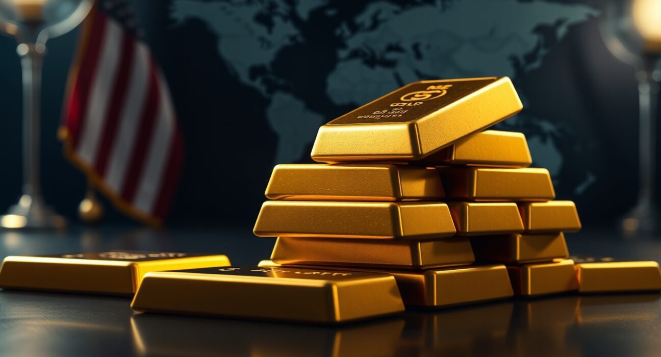Gold bullion bars on a dark surface with a subtle American flag and world map in the background.