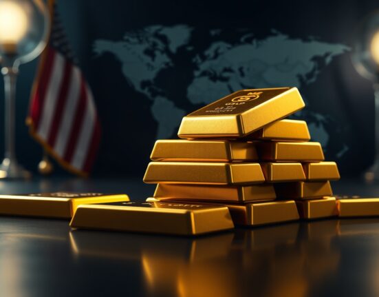 Gold bullion bars on a dark surface with a subtle American flag and world map in the background.