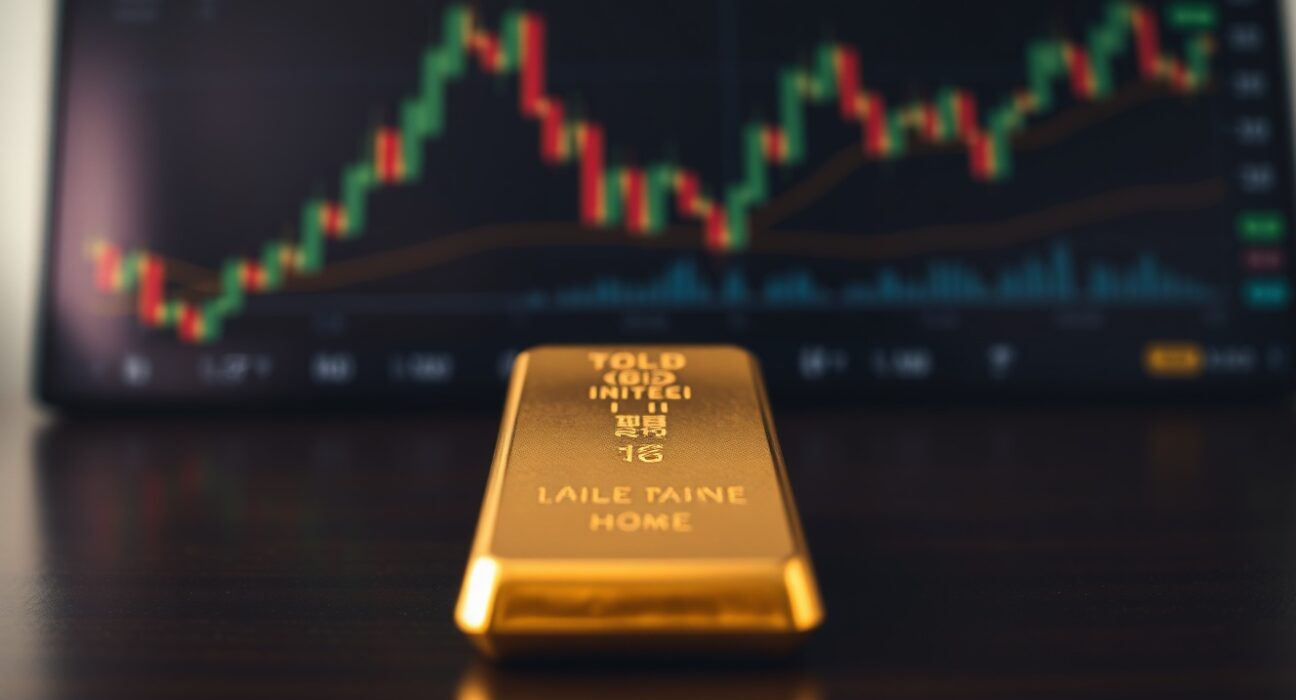 Gold bar on dark surface with blurred trading charts in background
