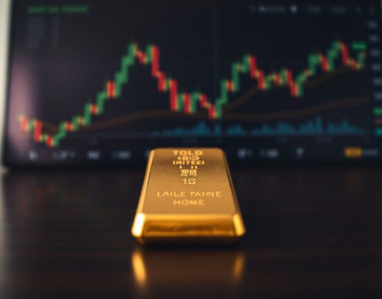 Gold bar on dark surface with blurred trading charts in background