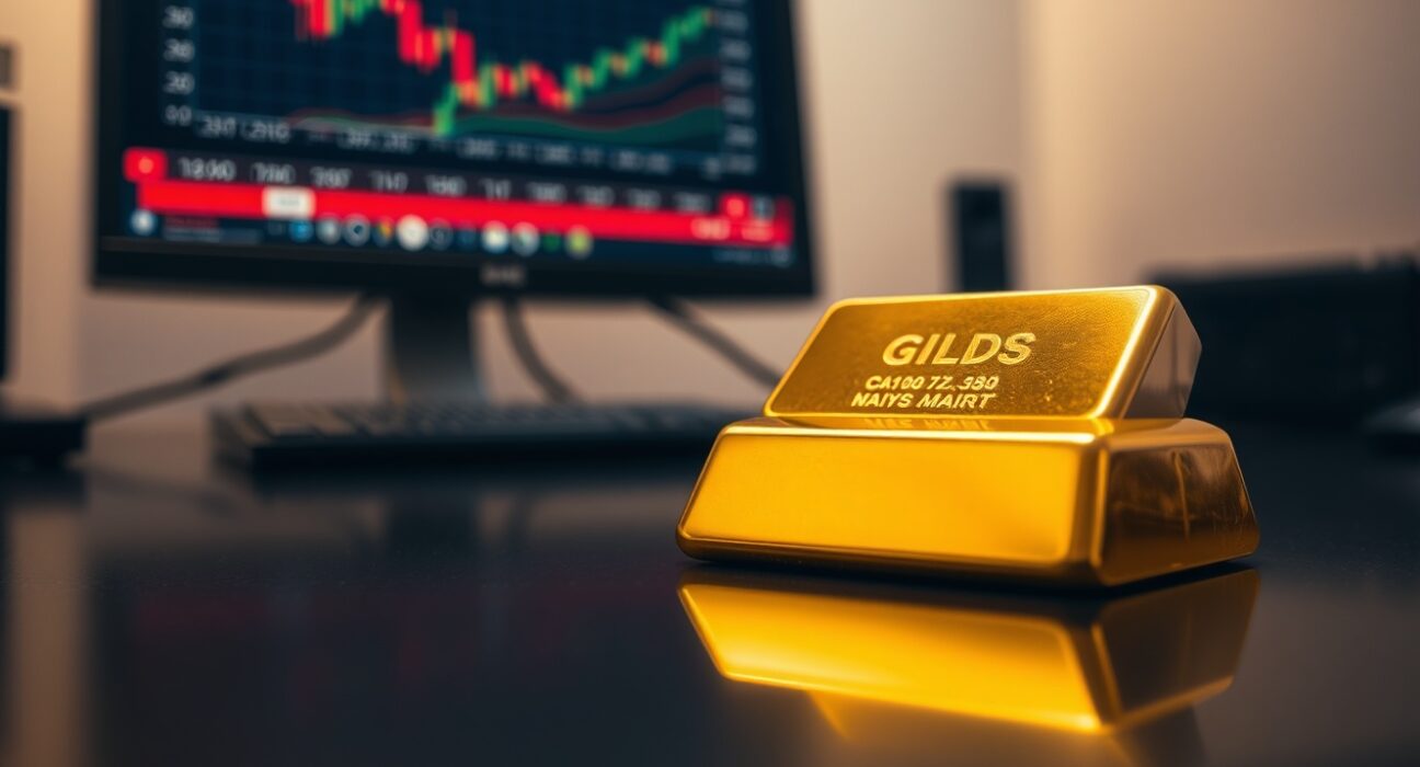 Close-up of a gold bar on a dark surface with financial charts in the background