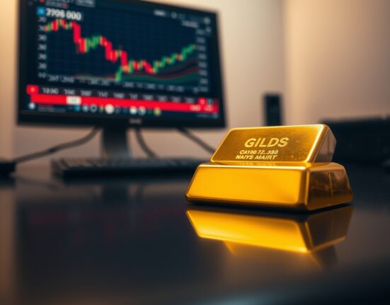 Close-up of a gold bar on a dark surface with financial charts in the background