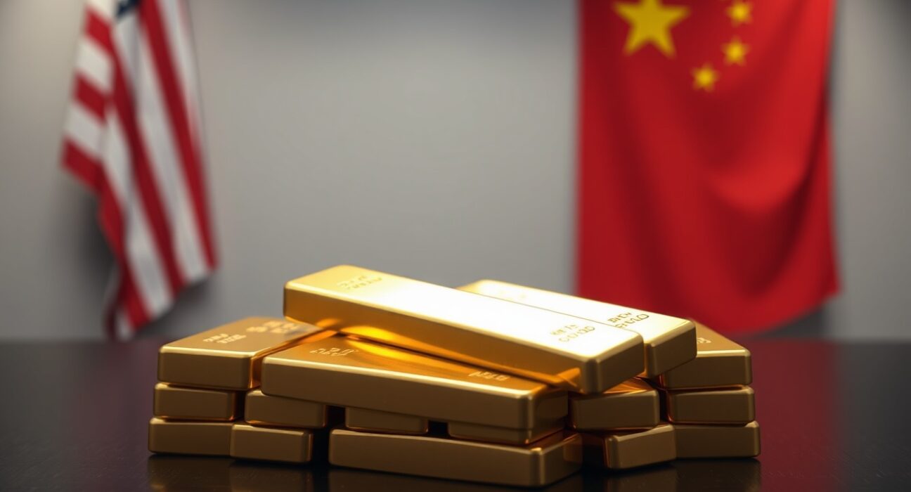 Stacked gold bars with American and Chinese flags in soft focus background