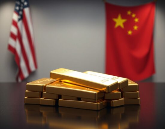 Stacked gold bars with American and Chinese flags in soft focus background