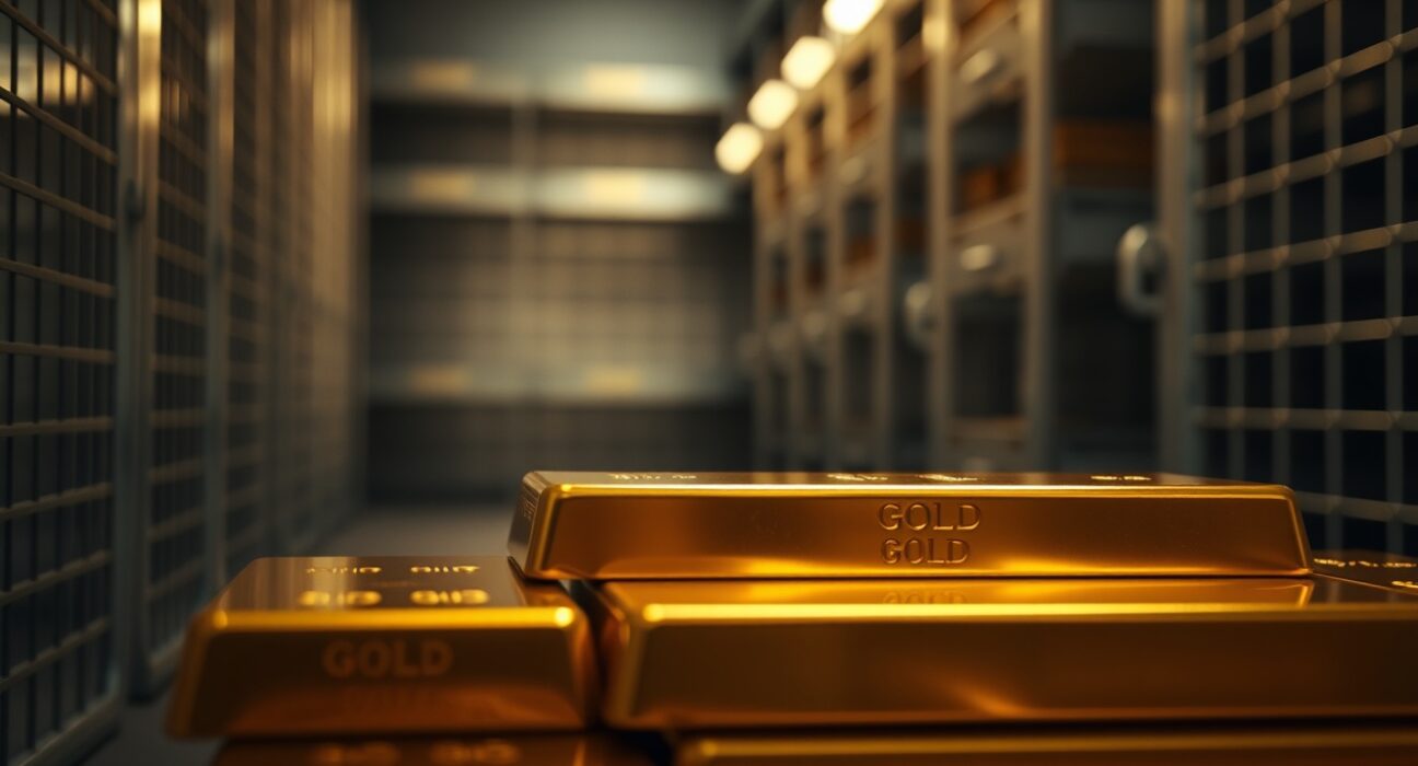 Stacked gold bars in a secure vault with soft lighting, representing gold price stability amid geopolitical and economic factors.