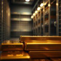 Stacked gold bars in a secure vault with soft lighting, representing gold price stability amid geopolitical and economic factors.