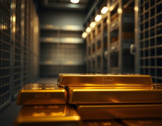 Stacked gold bars in a secure vault with soft lighting, representing gold price stability amid geopolitical and economic factors.
