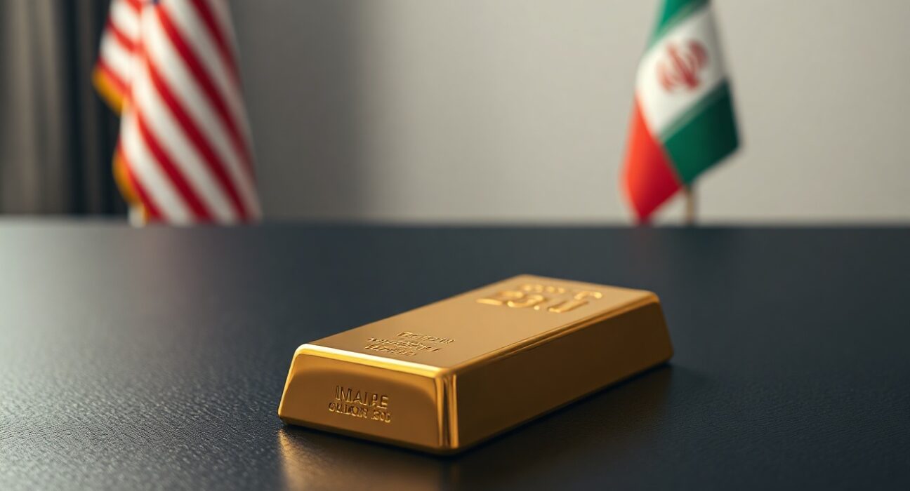 Gold bar on a dark surface with American and Iranian flags in the background, symbolizing geopolitical negotiations affecting precious metals markets.