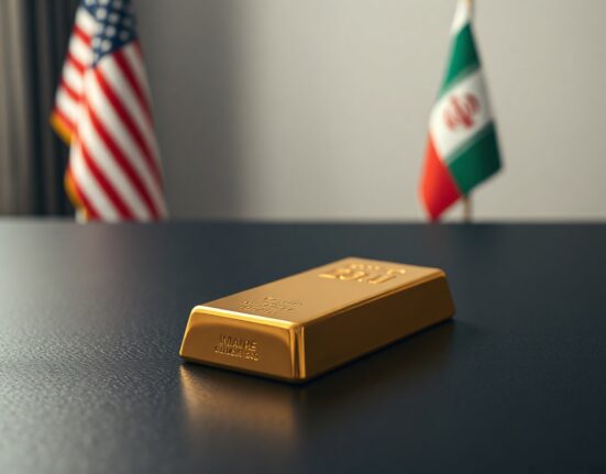 Gold bar on a dark surface with American and Iranian flags in the background, symbolizing geopolitical negotiations affecting precious metals markets.