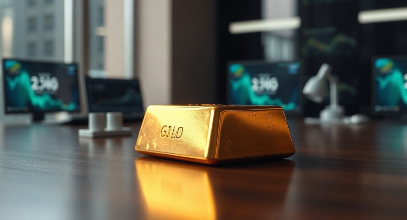 Gold bar on dark wooden surface with soft lighting, representing stable gold prices amid geopolitical and monetary policy shifts.