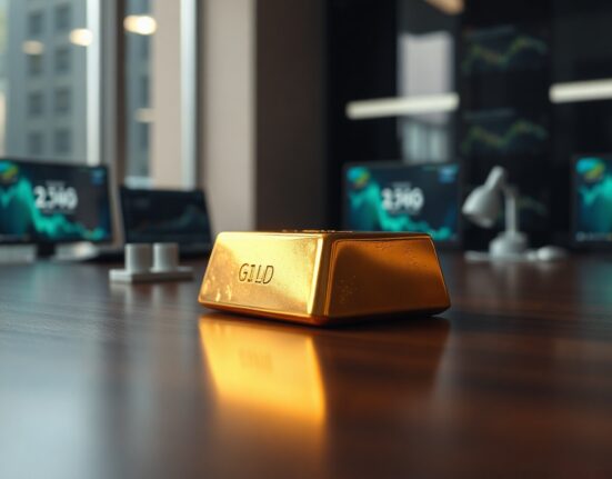 Gold bar on dark wooden surface with soft lighting, representing stable gold prices amid geopolitical and monetary policy shifts.
