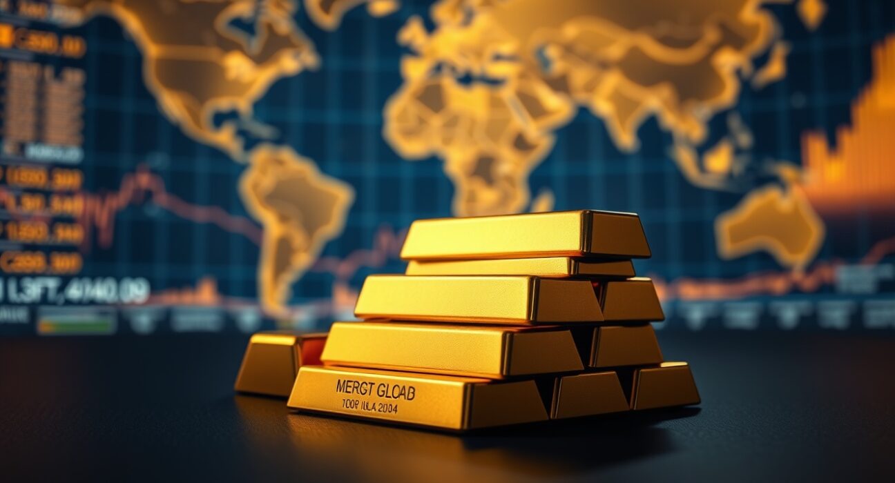Close-up of gold bullion bars on a dark surface with financial data in the background