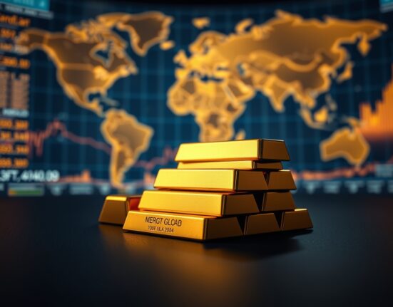 Close-up of gold bullion bars on a dark surface with financial data in the background
