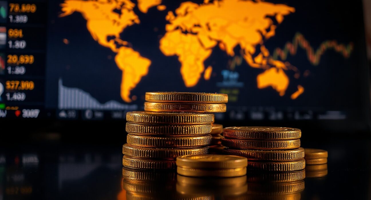 Close-up of gold bars and coins on a dark surface, symbolizing market value and economic uncertainty.