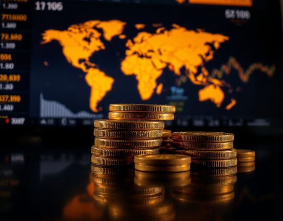 Close-up of gold bars and coins on a dark surface, symbolizing market value and economic uncertainty.