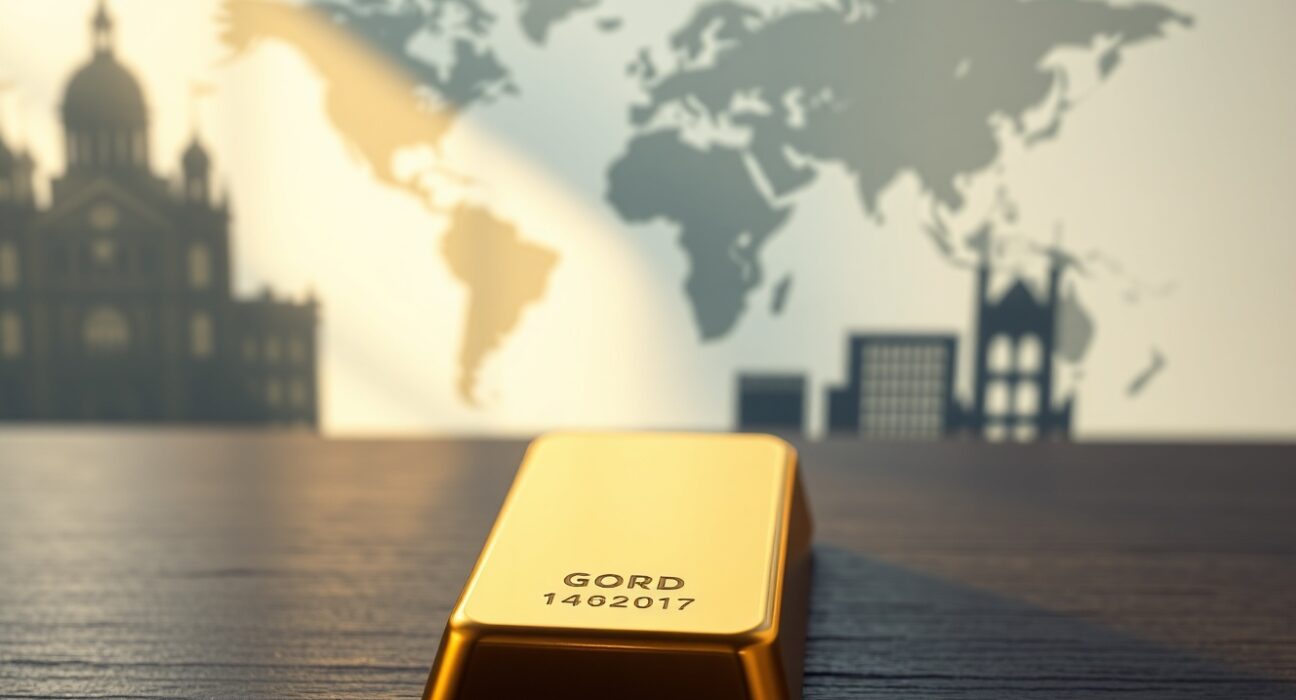 Gold bar on dark surface with diplomatic backdrop representing market consolidation amid US-Iran talks