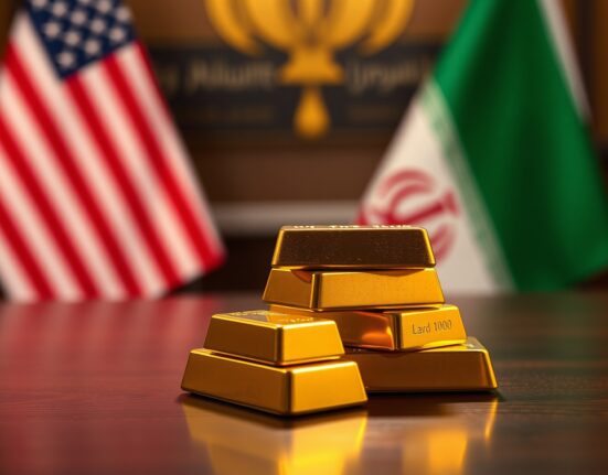 Gold bullion bars with US and Iranian flags in background representing geopolitical market influence
