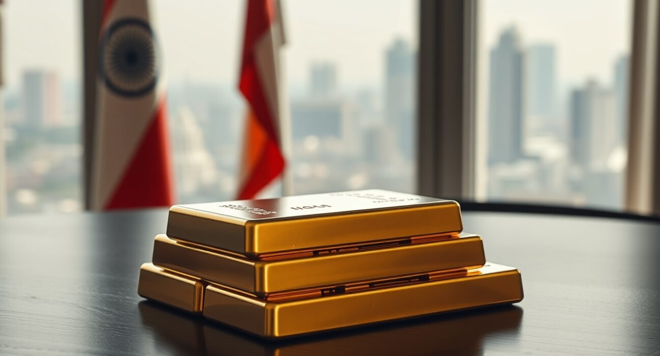 Stacked gold bars on dark wood with Indian flag and skyline in soft background