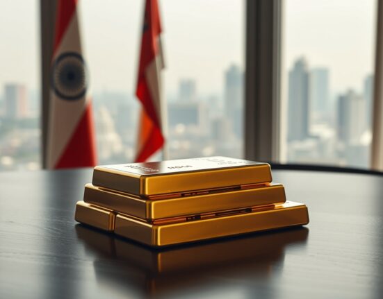 Stacked gold bars on dark wood with Indian flag and skyline in soft background