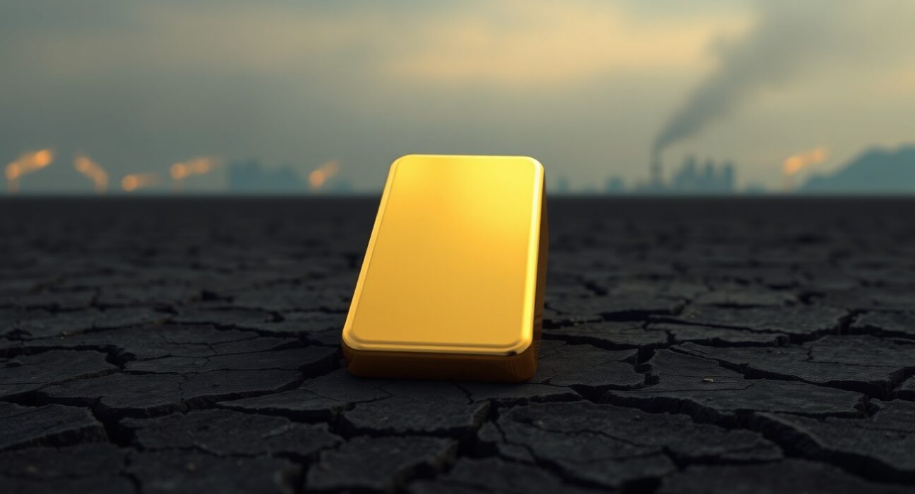 Gold bar on cracked dry earth representing gold as an inflation hedge amid energy shocks, as analyzed by BNY.