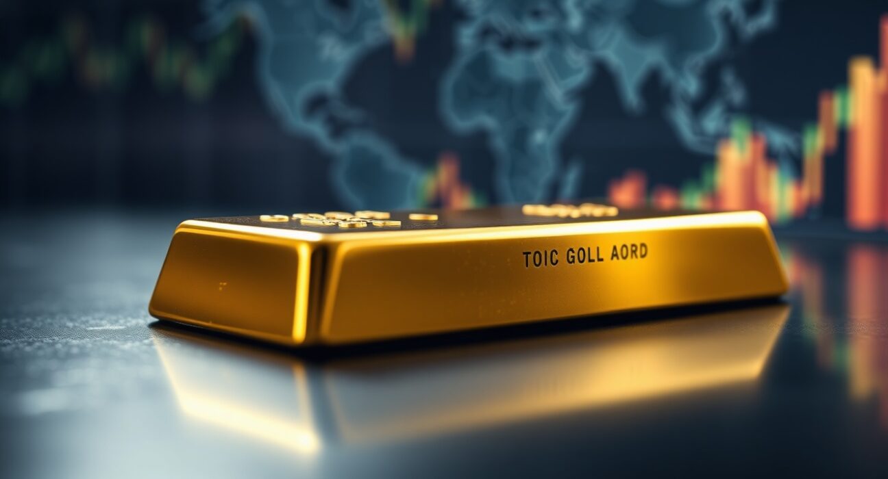Close-up of a gold bar on a reflective surface with a financial chart background