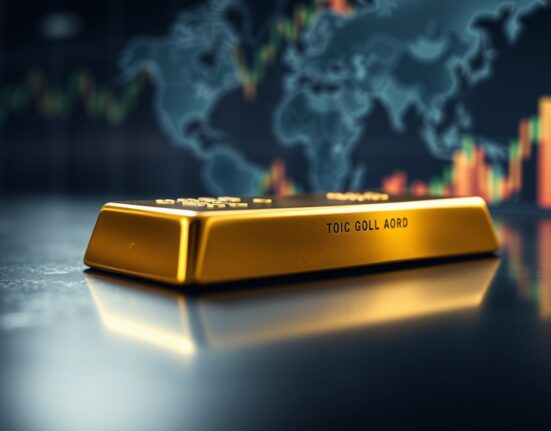 Close-up of a gold bar on a reflective surface with a financial chart background