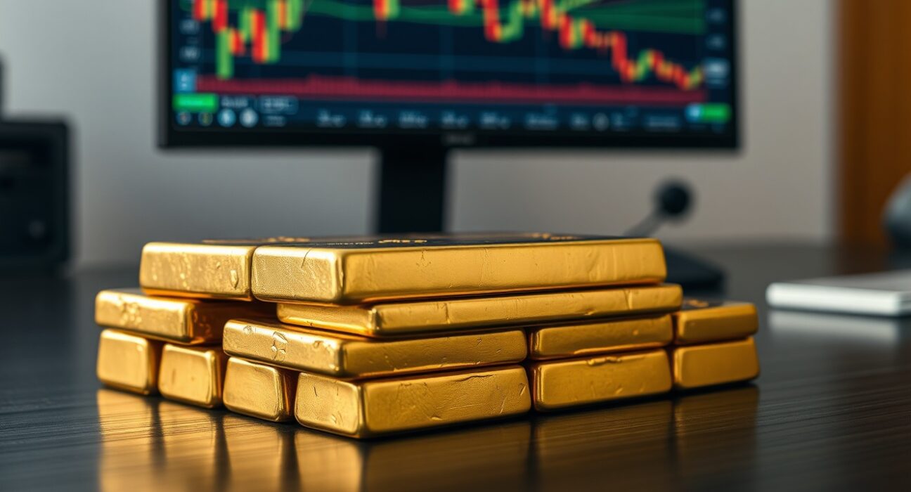 Gold bullion bars on a dark surface with a blurred financial chart background