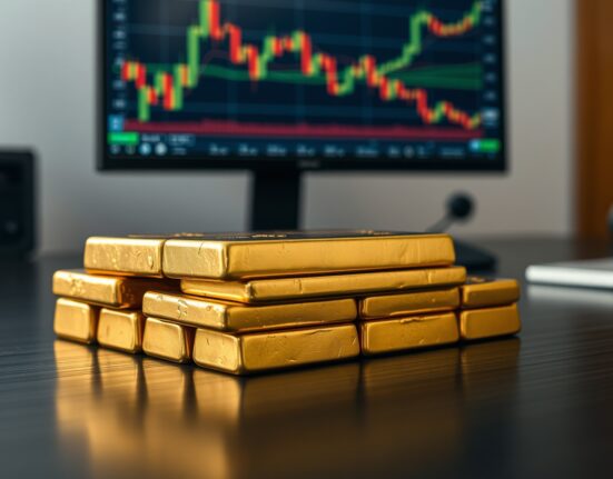 Gold bullion bars on a dark surface with a blurred financial chart background