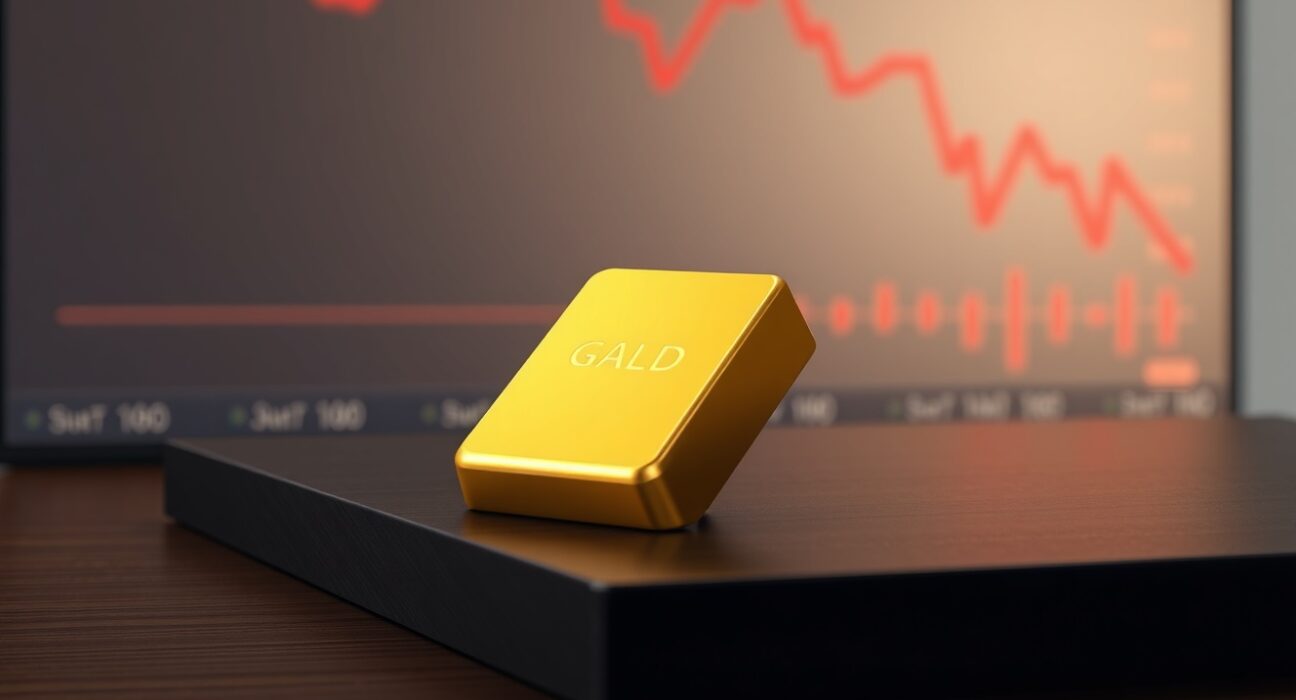 Gold bar on dark surface with declining chart in background, representing waning gold investor appetite due to inflation concerns.