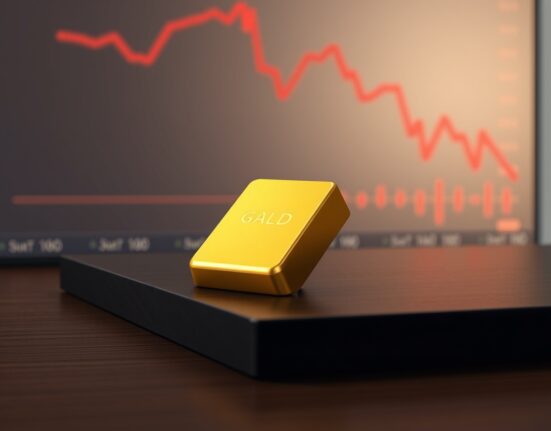 Gold bar on dark surface with declining chart in background, representing waning gold investor appetite due to inflation concerns.