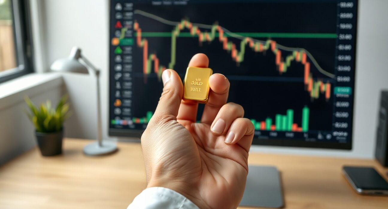 Trader holding a gold bar with market charts in background
