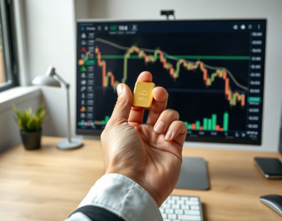 Trader holding a gold bar with market charts in background