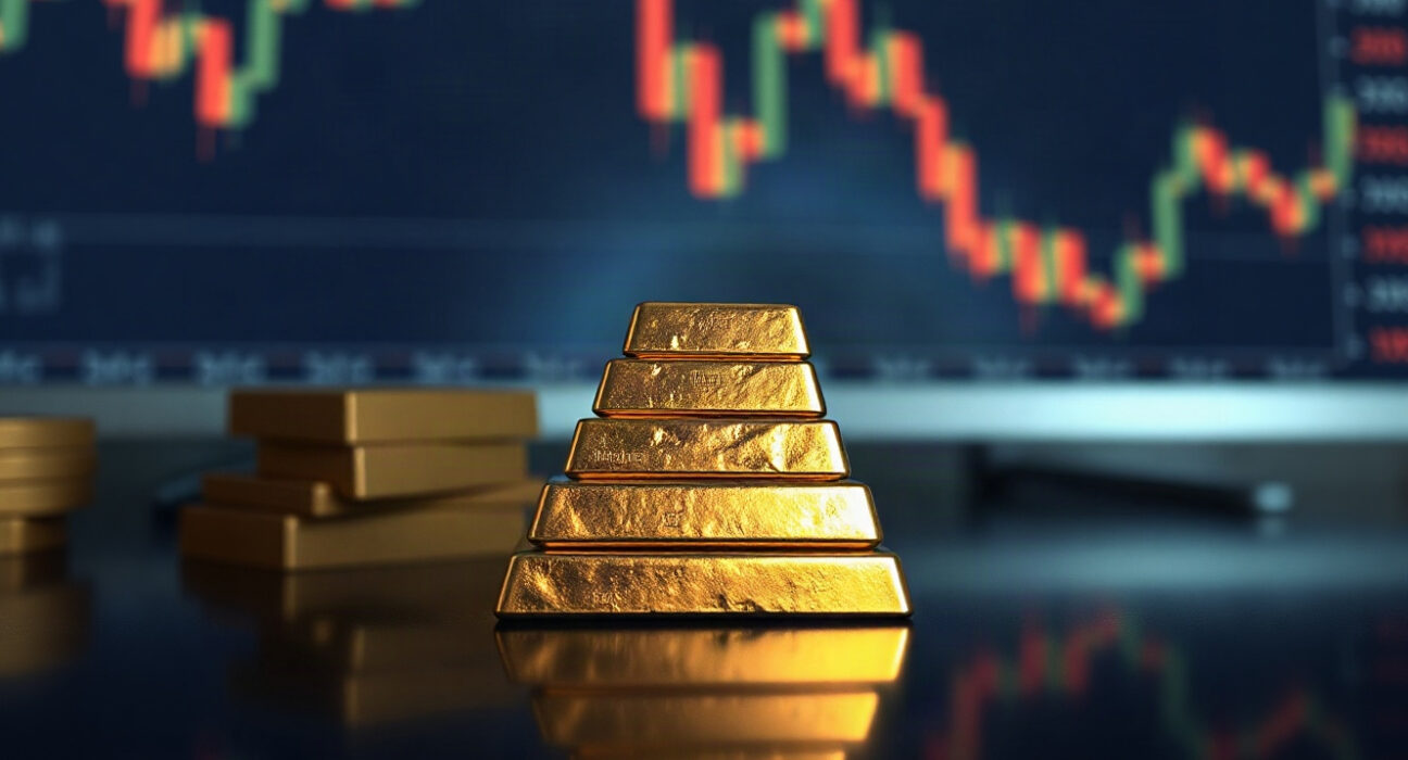 Gold bullion bars with a financial chart in the background, representing market consolidation risk.