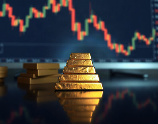 Gold bullion bars with a financial chart in the background, representing market consolidation risk.
