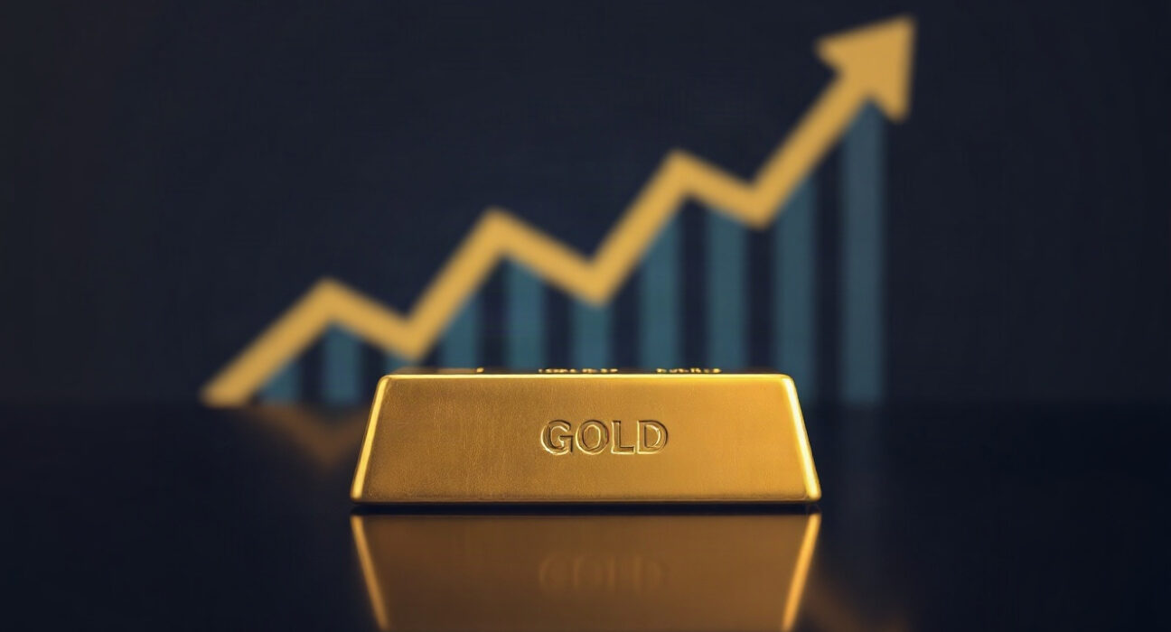 Gold bar with a subtle upward chart in the background, representing the price rally above $4,575.