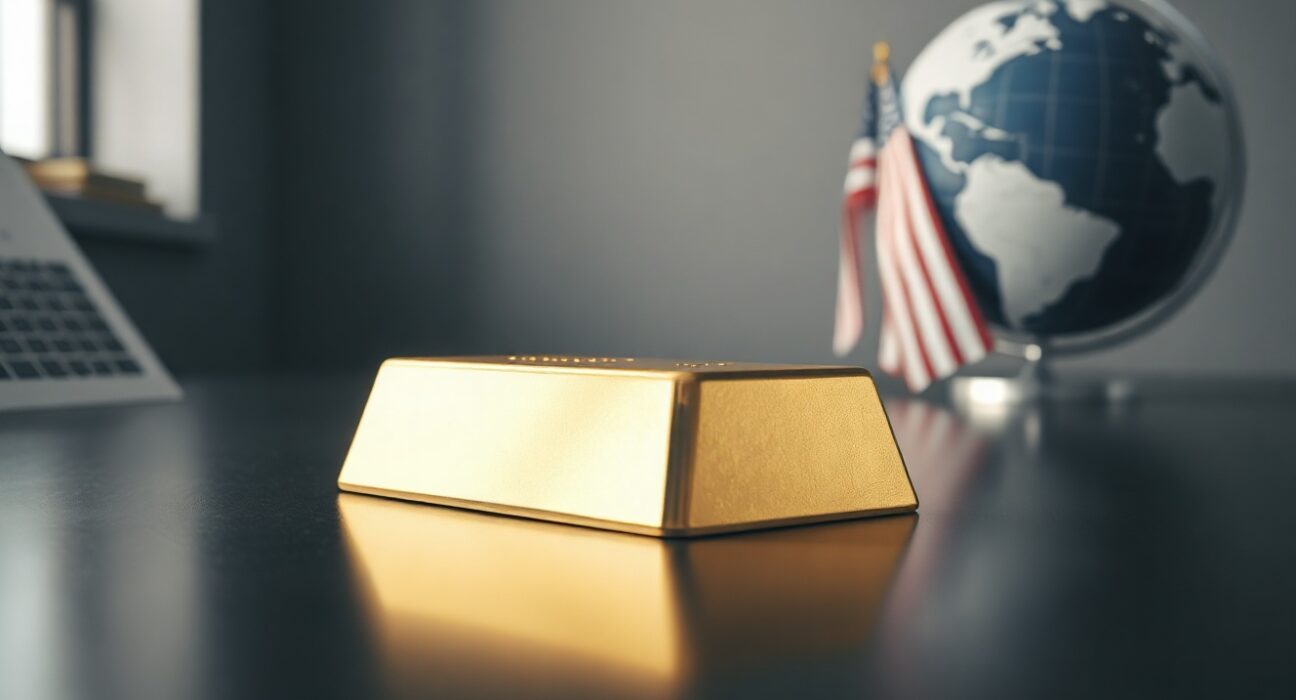 A gold bar on a dark surface with an American flag and globe in the background, representing gold price and geopolitical factors.