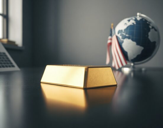A gold bar on a dark surface with an American flag and globe in the background, representing gold price and geopolitical factors.