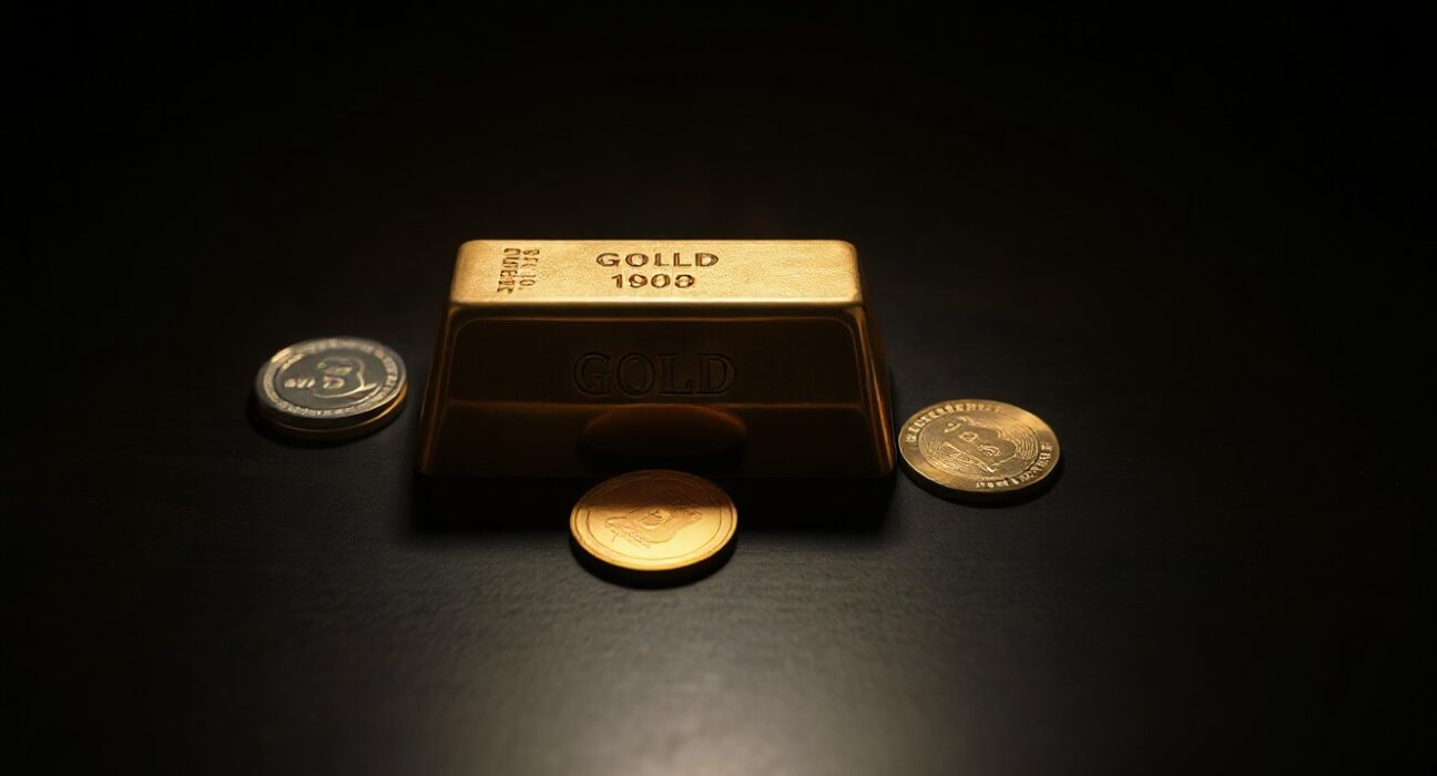 Gold bars and coins on a dark surface representing precious metals market volatility.