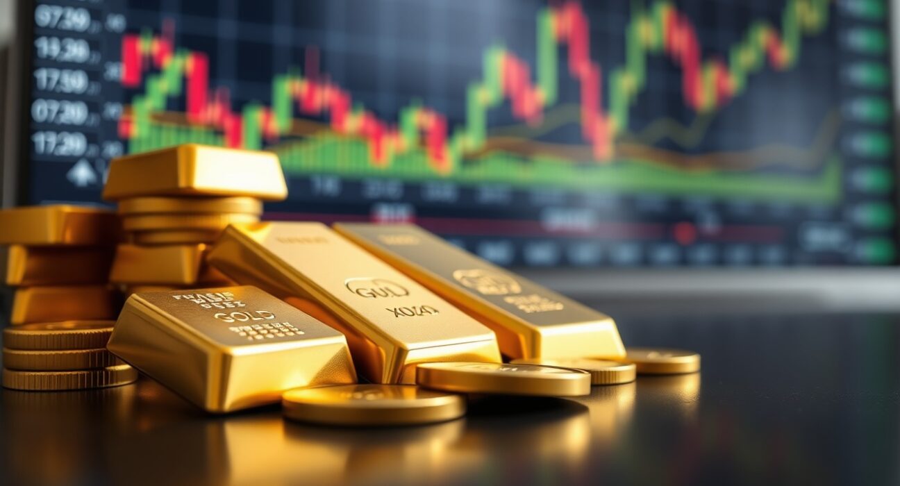 Gold bars and coins with a financial chart in the background, representing market movements.