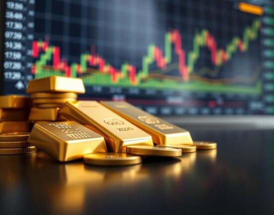 Gold bars and coins with a financial chart in the background, representing market movements.