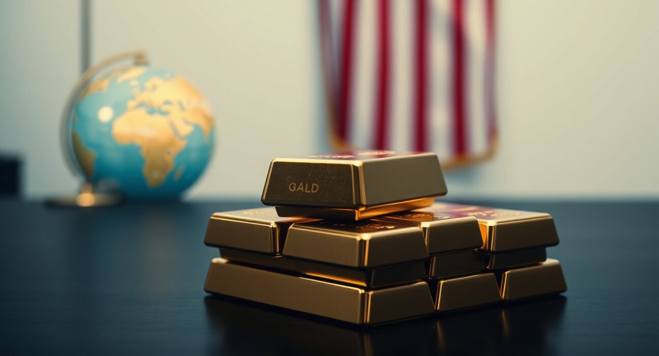 Gold bars on a table with a blurred American flag and globe in the background