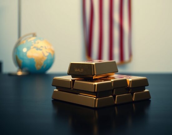 Gold bars on a table with a blurred American flag and globe in the background