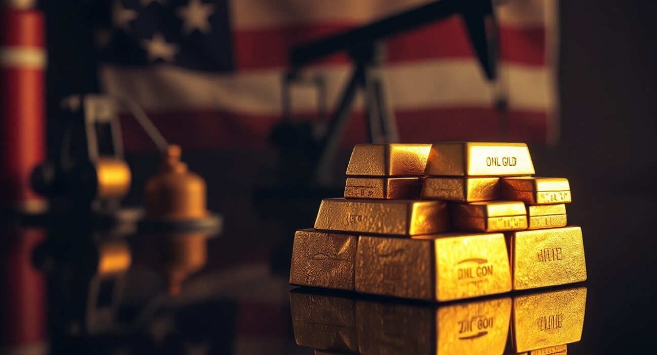 Gold bullion bars with oil pumpjack and US flag in background, symbolizing market tension