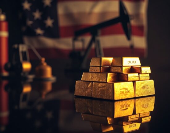 Gold bullion bars with oil pumpjack and US flag in background, symbolizing market tension