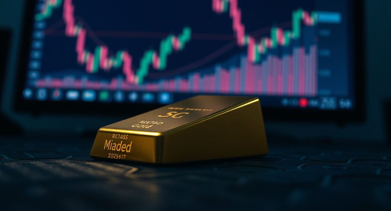 Gold bar with downward chart in background reflecting market pressure from stalled US-Iran talks and Fed outlook
