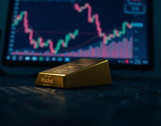 Gold bar with downward chart in background reflecting market pressure from stalled US-Iran talks and Fed outlook
