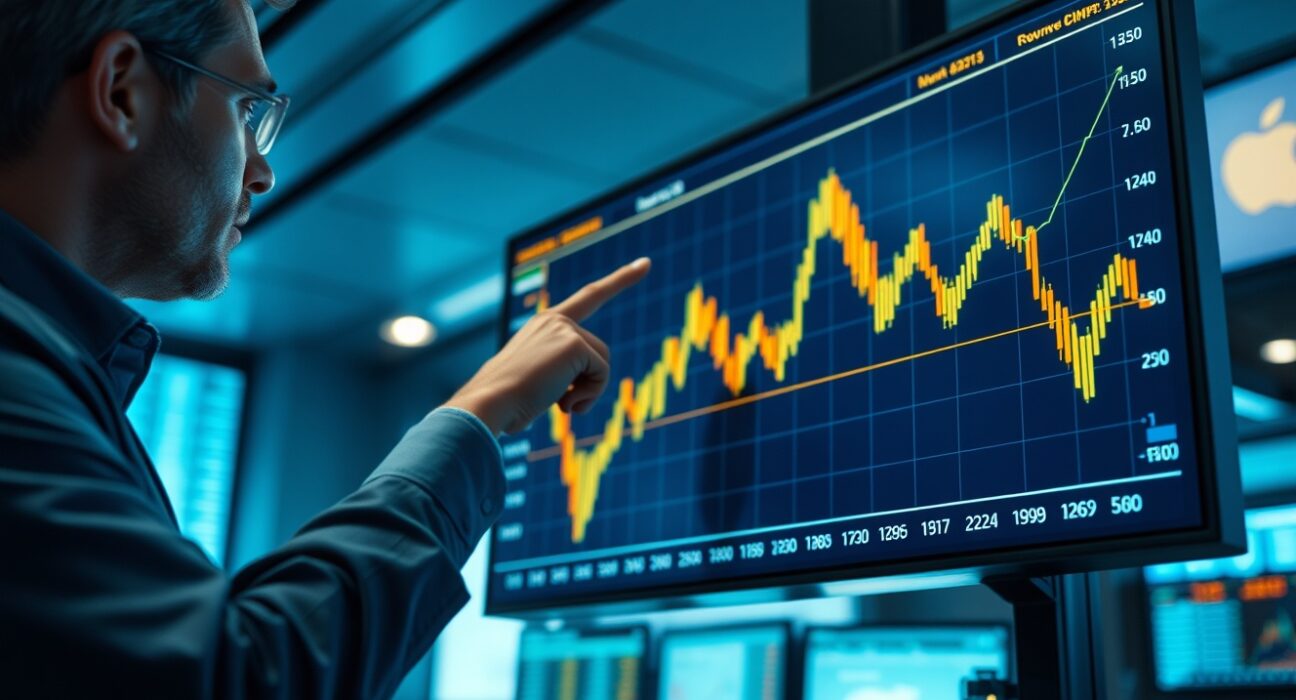 Analyst pointing at gold price chart on a trading floor screen showing downward trend