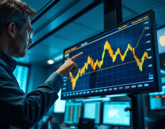 Analyst pointing at gold price chart on a trading floor screen showing downward trend